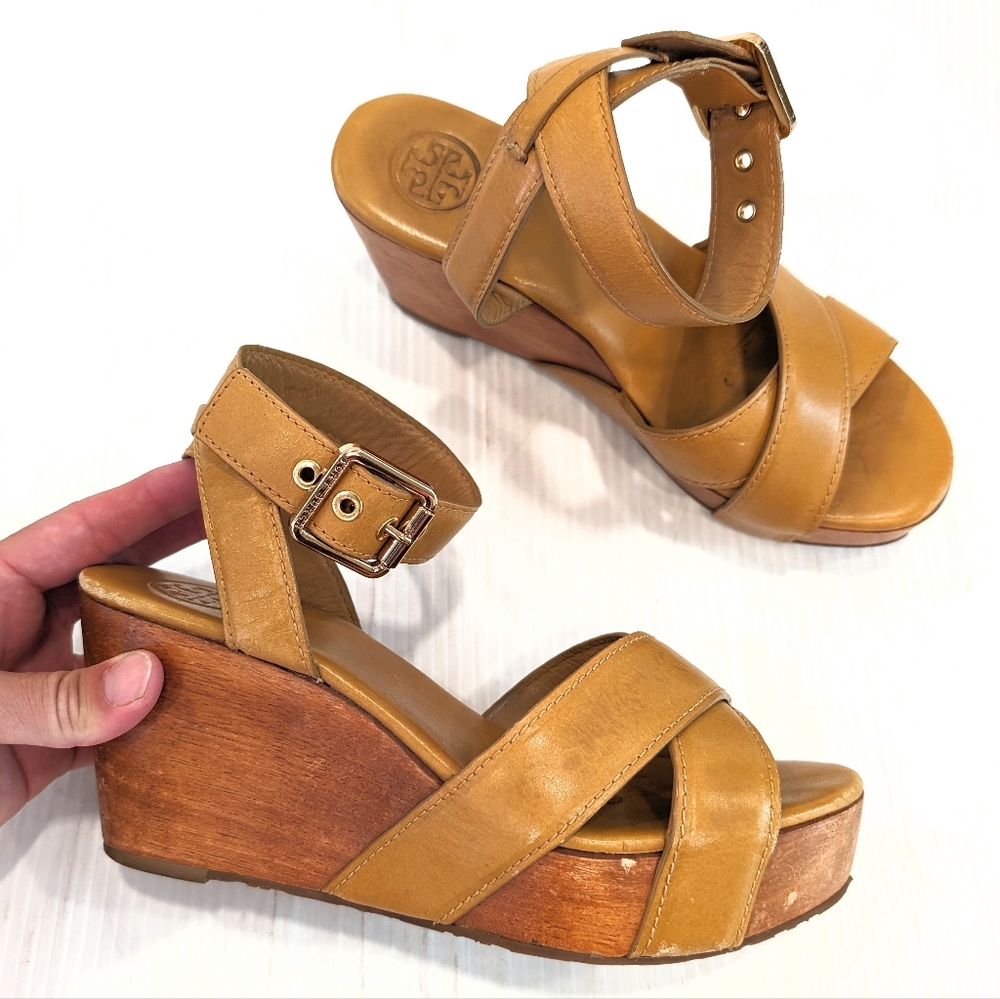 TORY BURCH women's tan leather strappy wedge platform sandals
